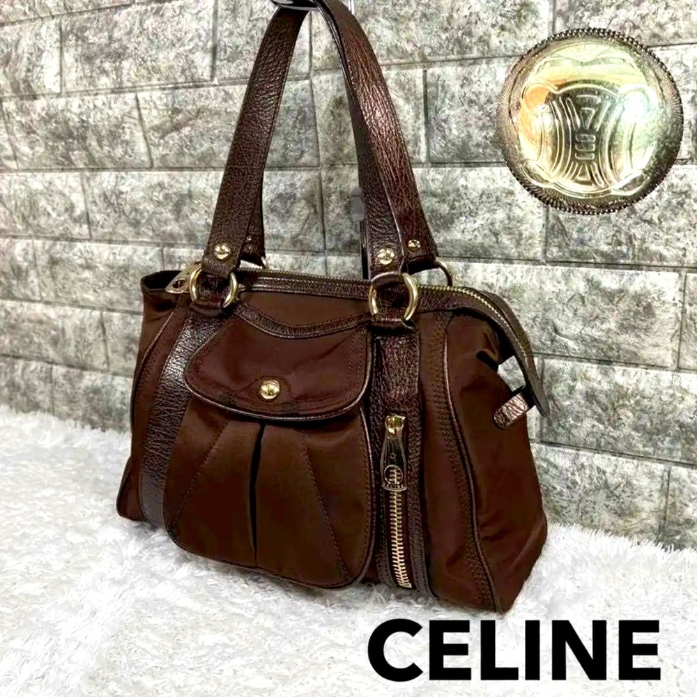 CELINE Tote Bag Hand Bag Plain Nylon Leather Brown women's made in Italy 🇮🇹